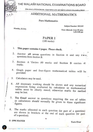 1996 MANEB MSCE Additional Mathematics Paper I - Preview