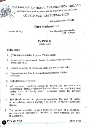 1996 MANEB MSCE Additional Mathematics Paper II - Preview