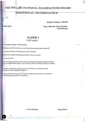 1997 MANEB MSCE Additional Mathematics Paper I - Preview