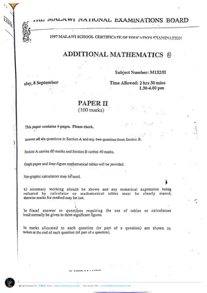 1997 MANEB MSCE Additional Mathematics Paper II - Preview