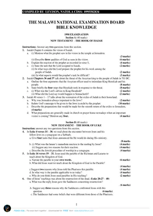 1998-2016 Senior Secondary (MSCE) Bible Knowledge MANEB Examination Questions by Levison of Natola CDSS - Preview