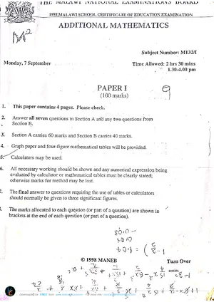 1998 MANEB MSCE Additional Mathematics Paper I - Preview