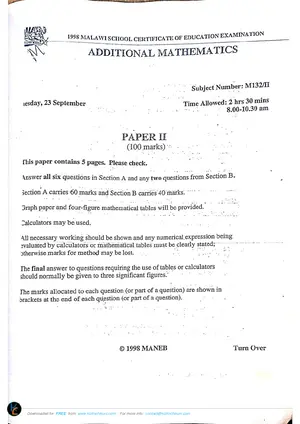 1998 MANEB MSCE Additional Mathematics Paper II - Preview