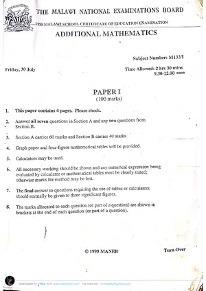 1999 MANEB MSCE Additional Mathematics Paper I - Preview