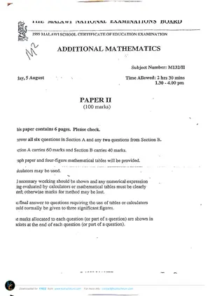 1999 MANEB MSCE Additional Mathematics Paper II - Preview