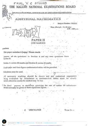 2000 MANEB MSCE Additional Mathematics Paper II - Preview