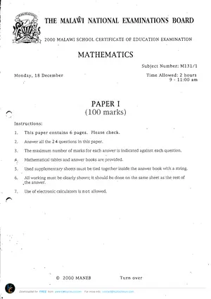 2000 MANEB MSCE Mathematics Paper I Past Paper - Preview