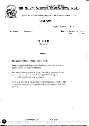 2000 MANEB MSCE Biology Paper 2 (Practical) - Preview