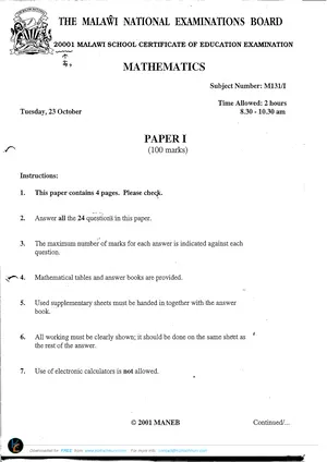 2001 MANEB MSCE Mathematics Paper II Past Paper - Preview