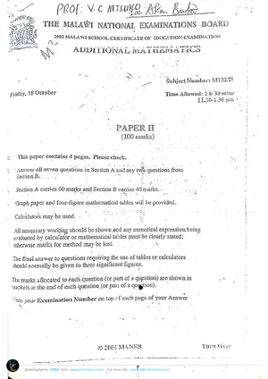 2002 MANEB MSCE Additional Mathematics Paper II - Preview