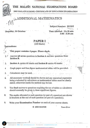 2003 MANEB MSCE Additional Mathematics Paper II - Preview