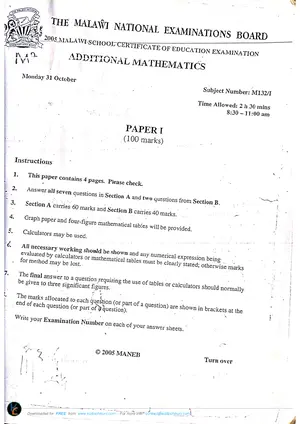 2004 MANEB MSCE Additional Mathematics Paper I - Preview