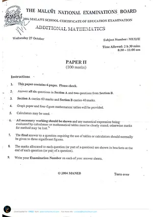 2004 MANEB MSCE Additional Mathematics Paper II - Preview