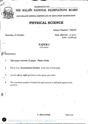 2004 MANEB MSCE Physical Science Paper I Past Paper - Preview