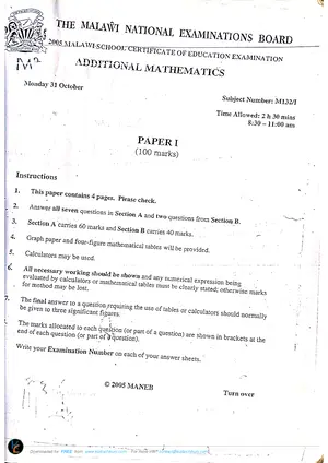 2005 MANEB MSCE Additional Mathematics Paper I - Preview