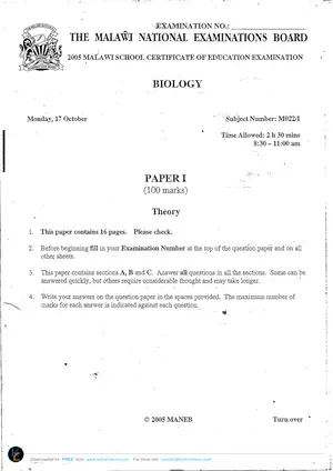 2005 MANEB MSCE Biology Paper I Past Paper - Preview