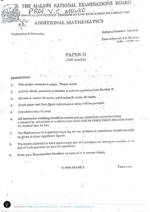 2006 MANEB MSCE Additional Mathematics Paper II - Preview