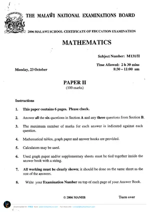 2006 MANEB MSCE Mathematics Paper II - Preview