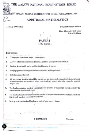 2007 MANEB MSCE Additional Mathematics Paper I - Preview