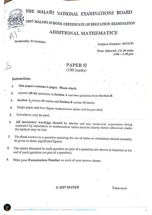 2007 MANEB MSCE Additional Mathematics Paper II - Preview