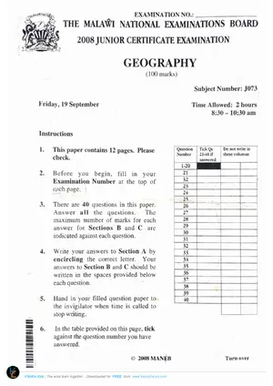 2008 MANEB JCE Geography Past Paper - Preview