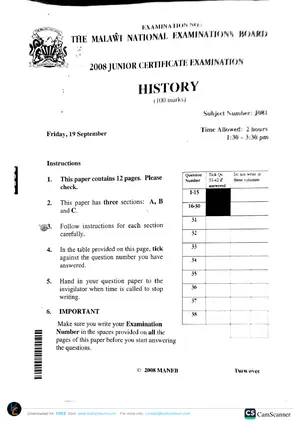 2008 MANEB JCE History Past Paper - Preview
