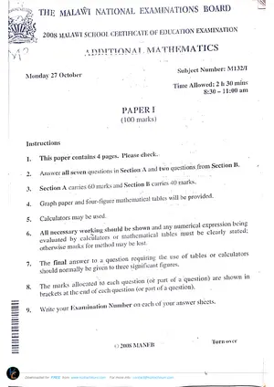 2008 MANEB MSCE Additional Mathematics Paper I - Preview