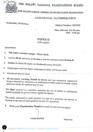 2008 MANEB MSCE Additional Mathematics Paper II - Preview