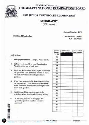2009 MANEB JCE Geography Past Paper - Preview