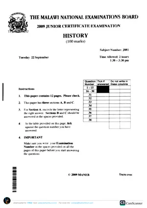 2009 MANEB JCE History Past Paper - Preview
