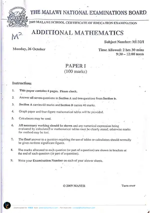 2009 MANEB MSCE Additional Mathematics Paper I - Preview