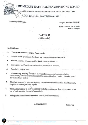 2009 MANEB MSCE Additional Mathematics Paper II - Preview