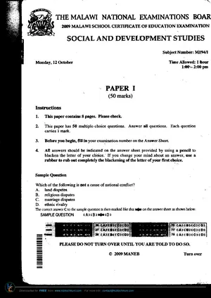 2009 MANEB MSCE Social Development Studies Paper 1 - Preview