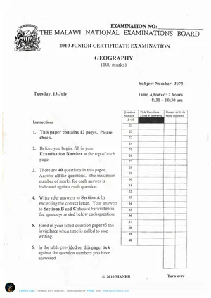 2010 MANEB JCE Geography Past Paper - Preview