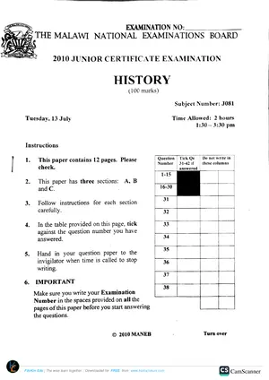 2010 MANEB JCE History Past Paper - Preview
