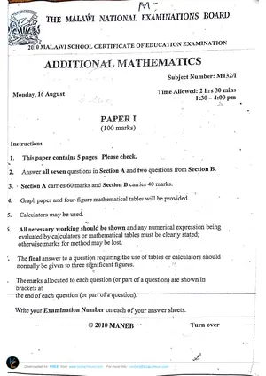 2010 MANEB MSCE Additional Mathematics Paper I - Preview