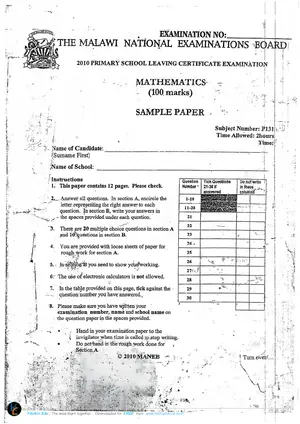 2010 MANEB PSLCE Mathematics Sample Paper - Preview