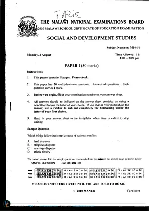 2010 MANEB MSCE Social and Development Studies Paper I Past Paper - Preview