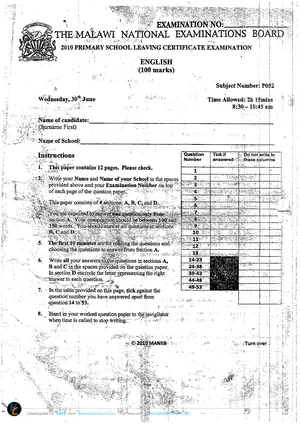 2010 MANEB PSLCE English Past Paper - Preview