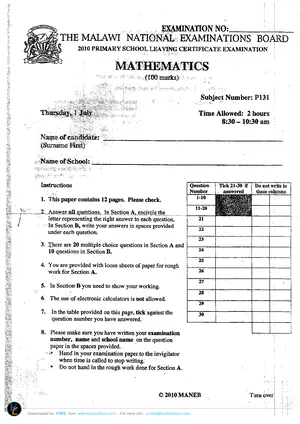 2010 MANEB PSLCE Mathematics Past Paper | Malawian 100% FREE Edu PDF ...