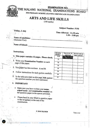 2010 PSLCE Arts and Life Skills MANEB - Preview