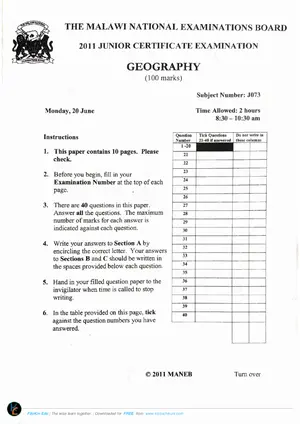 2011 MANEB JCE Geography Past Paper - Preview