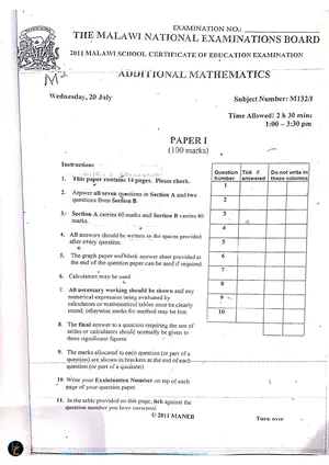 2011 MANEB MSCE Additional Mathematics Paper I - Preview