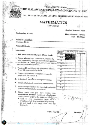 2011 MANEB PSLCE Mathematics Past Paper | Malawian 100% FREE Edu PDF ...