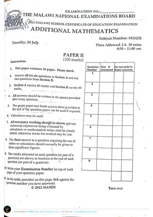 2012 MANEB MSCE Additional Mathematics Paper II - Preview