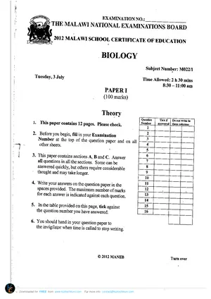 2012 MANEB MSCE Biology Paper 1 - Preview