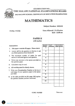 2012 MANEB MSCE Mathematics Paper II - Preview