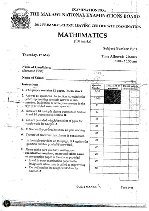 2012 MANEB PSLCE Mathematics Past Paper | Malawian 100% FREE Edu PDF ...