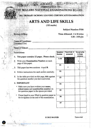 2012 PSLCE Arts and Life Skills MANEB - Preview