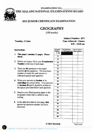 2013 MANEB JCE Geography Past Paper - Preview